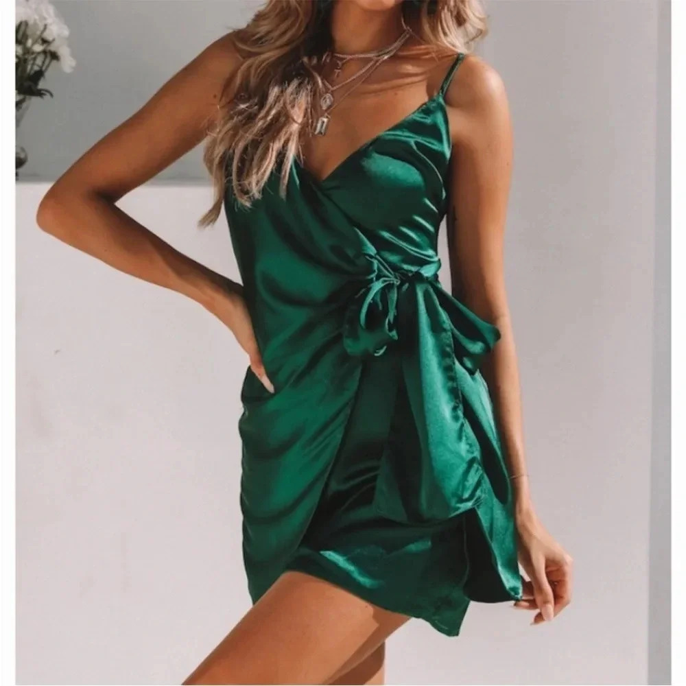 Hello Molly green satin wrap dress in forest green